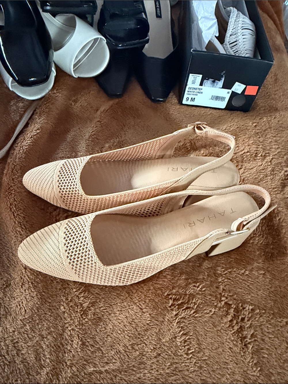Tahari Nude Knit Slingback Block Heel Mules